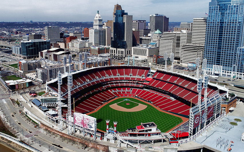 Great American Ball Park, beyzbol stadyumu, Cincinnati Reds stadyumu, Cincinnati, Ohio, MLB, beyzbol, Cincinnati şehir manzarası, gökdelenler, Cincinnati Reds, Major League Baseball, ABD, 2880x1800 çözünürlüklü. Yüksek Kalite HD duvar kağıdı