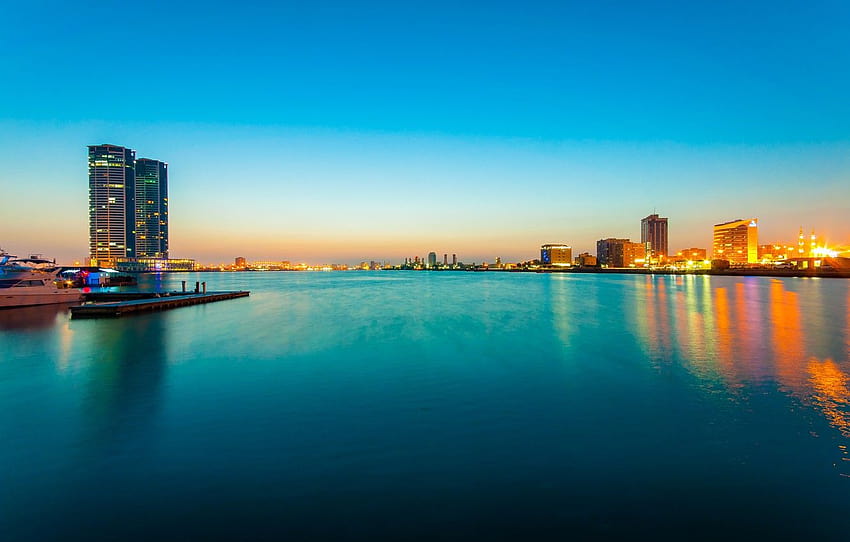 sea, night, lights, skyline, UAE, UAE, Ras al Khaimah HD wallpaper