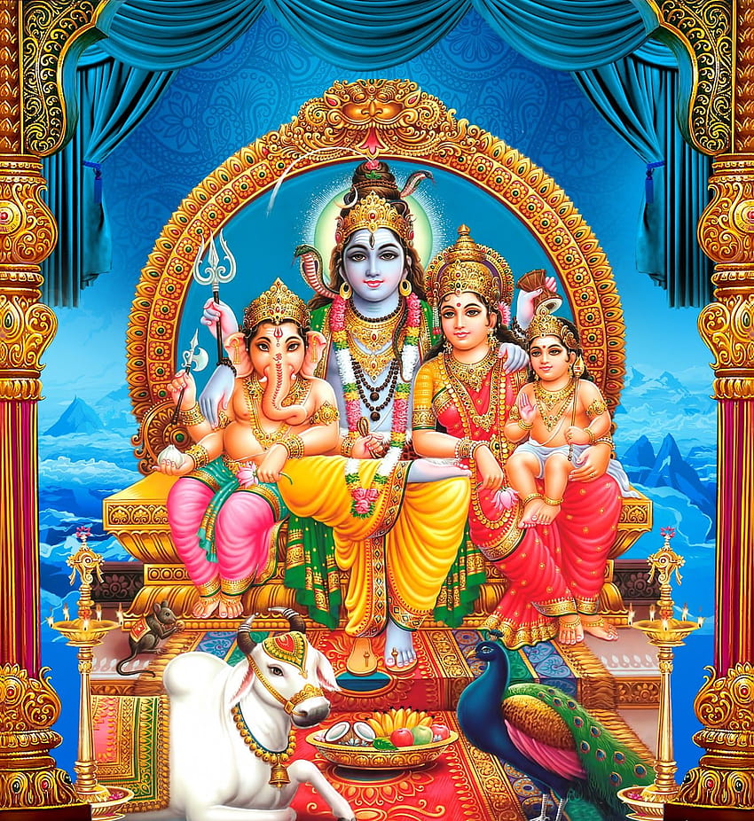 Señor shiva parvathi ganesha kartikeya sentado fondo de pantalla del teléfono