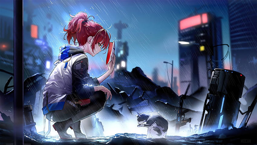 341821 Anime, Mädchen, Katze, Regen, Katzenanime HD-Hintergrundbild