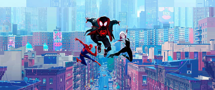3440x1440 Miles Morales, Gwen, Animation, Jumping, spider man miles morales HD wallpaper