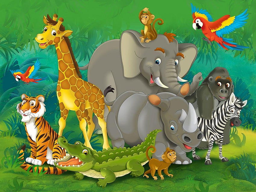 Dessin animé bébé douche Jungle Safari Animal Zoo éléphant toile de fond vinyle, fond de safari Fond d'écran HD