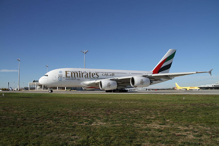 white emirates airplane and airport, emirates airline HD wallpaper