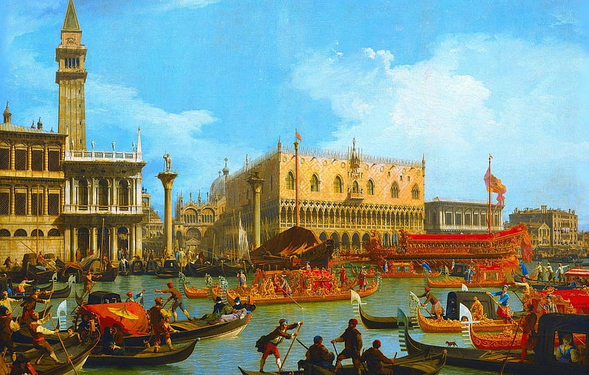 เรือ เวนิส เรือกอนโดลา ภูมิทัศน์เมือง Canaletto คลอง Giovanni Antonio การกลับมาของ Bucintoro สู่ห้างสรรพสินค้าที่ Palazzo Ducale หมวด живопись วอลล์เปเปอร์ HD