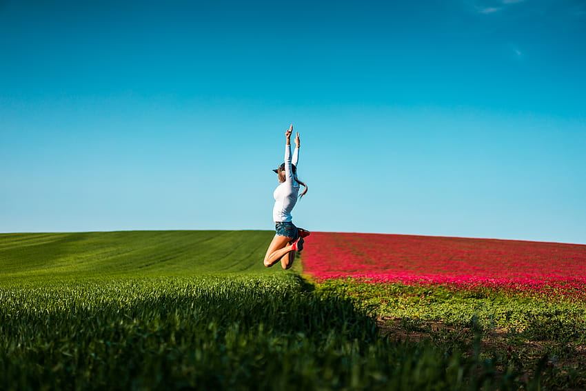 Happy Woman Jumping in the Air Stock, women jumping HD wallpaper