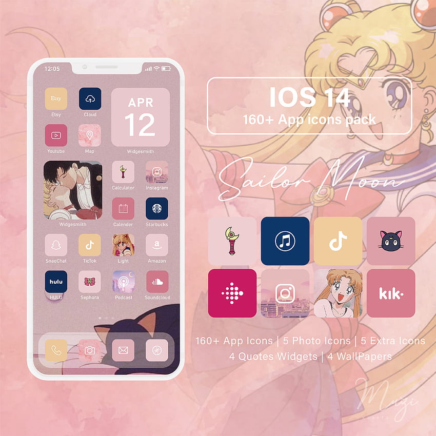 Sailor Moon iPhone iOS 14 Icônes de l'application Theme Pack Beautiful Fond d'écran de téléphone HD