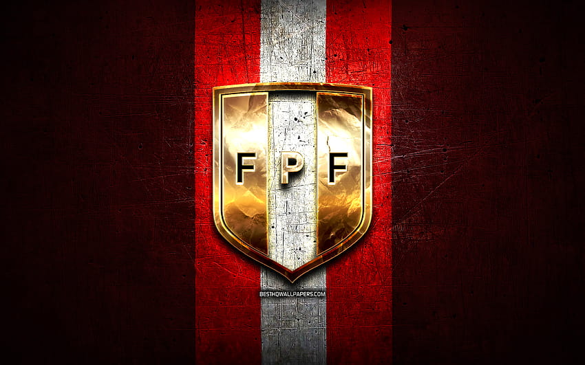 Peru National Football Team, golden logo, South America, Conmebol, red metal background, Peruvian football team, soccer, FPF logo, football, Peru with resolution 2880x1800. High Quality HD wallpaper