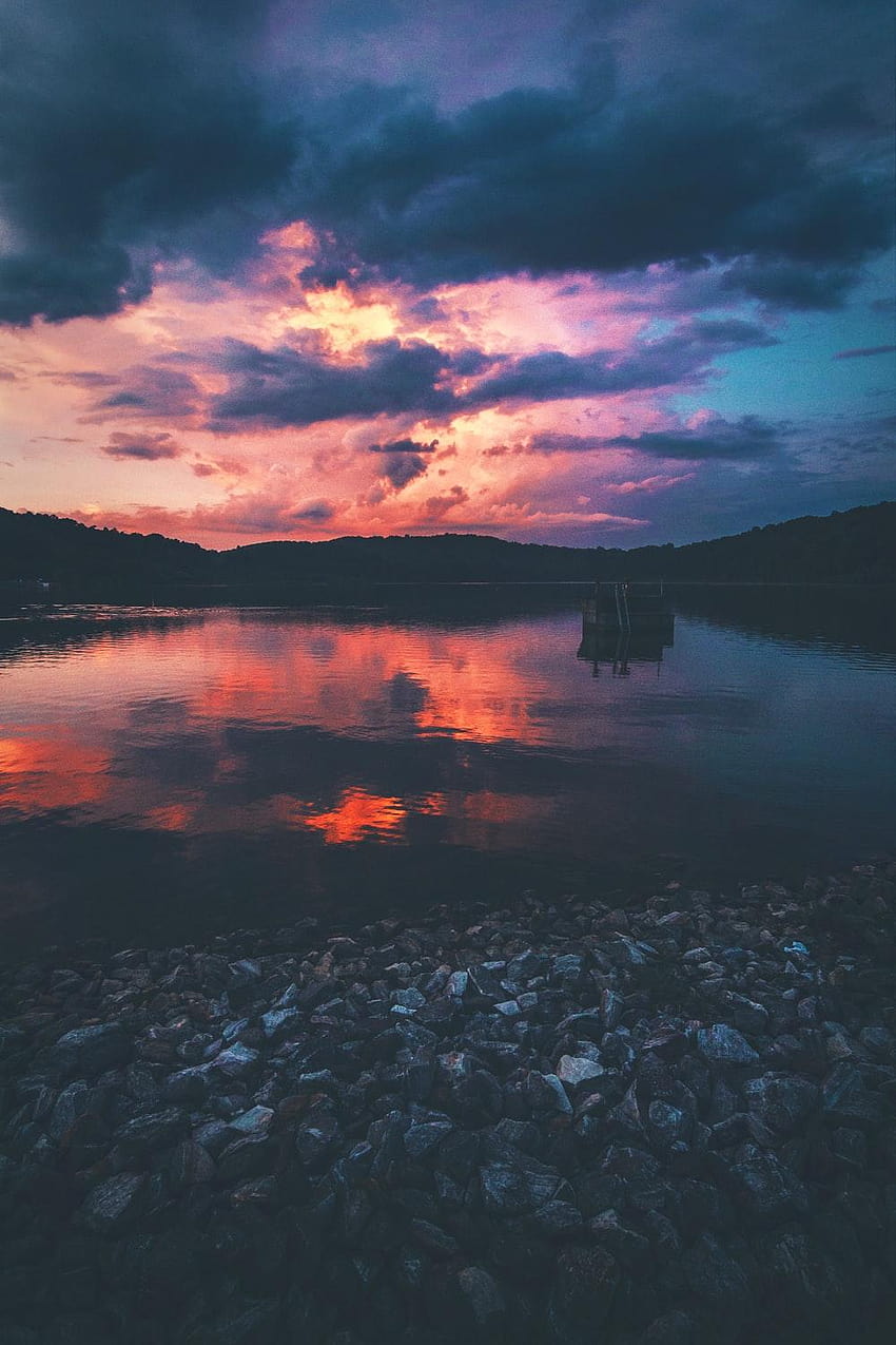 Lake Sunset, sunset behind the pines HD phone wallpaper