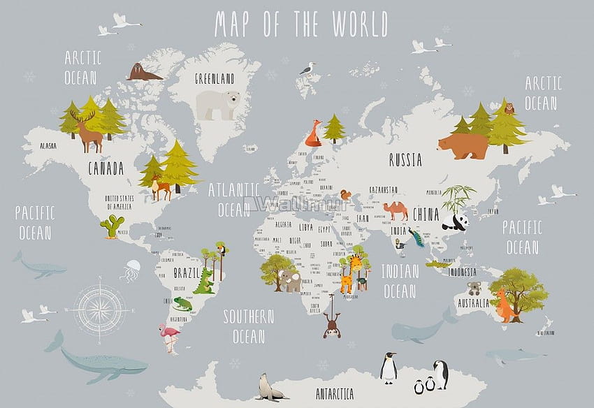 Детска карта на света със стенопис с анимационни животни • Wallmur® HD тапет