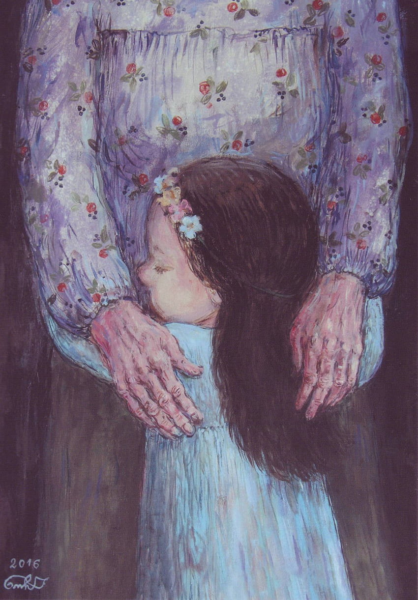 LITTLE GIRL & GRANDMA Hug Love care Flower KIDS by Chakvetadze, mother drawing HD phone wallpaper