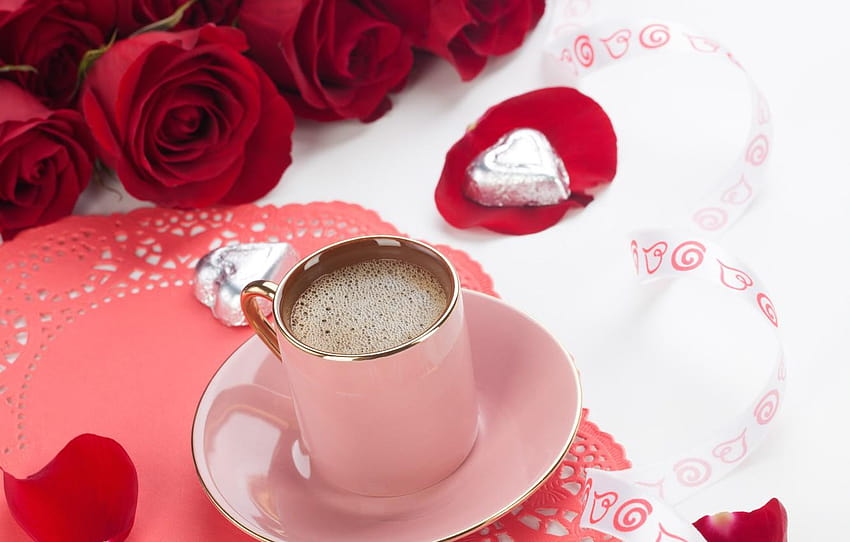 love, flowers, coffee, roses, red rose, coffee with rose HD wallpaper