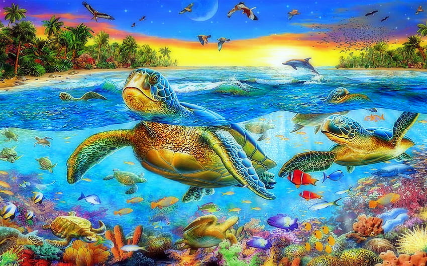 Sea Ocean Sea Turtles Swimming Corals Exotic Colorful Fish Underwater World Tropical Landscape Art For Mobile Phones Tablet And Laptop 1920x1200 : 13 HD wallpaper