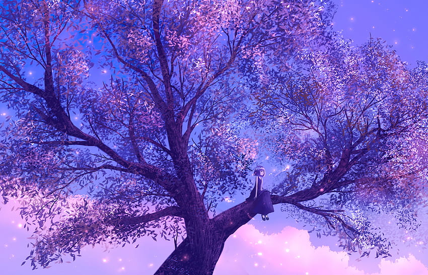 Anime Girl Sitting On Purple Big Tree, Anime, Arrière-plans et Fond d'écran HD