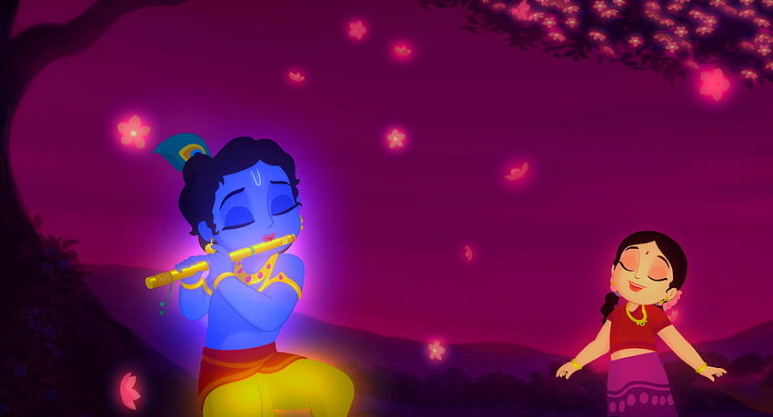 Lord Krishna spielt Flöte mit Radha, Lord Krishna animiert HD-Hintergrundbild