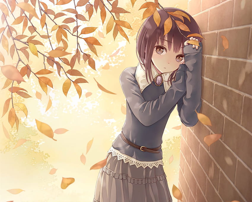 autumn brown eyes brown hair cropped leaves original short hair skirt tokumaru waifu2x, autumn brown anime HD wallpaper