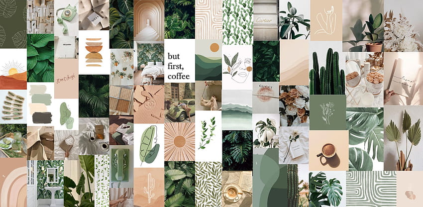 Minimalist Earth & Boujee Boho Estética Verde y Beige, boho collage fondo de pantalla
