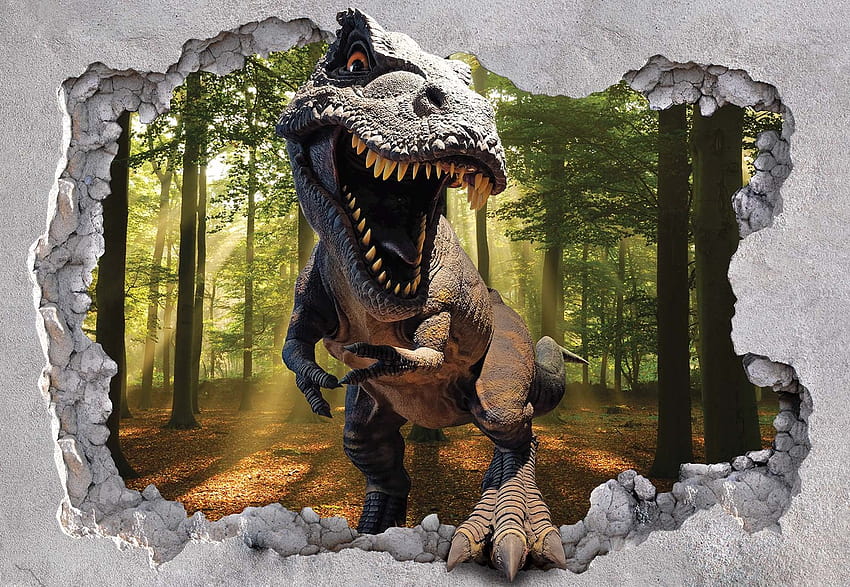 Dinosaurus 3D Melompat Keluar Dari Lubang Di Dinding Kertas Dinding Mural Wallpaper HD