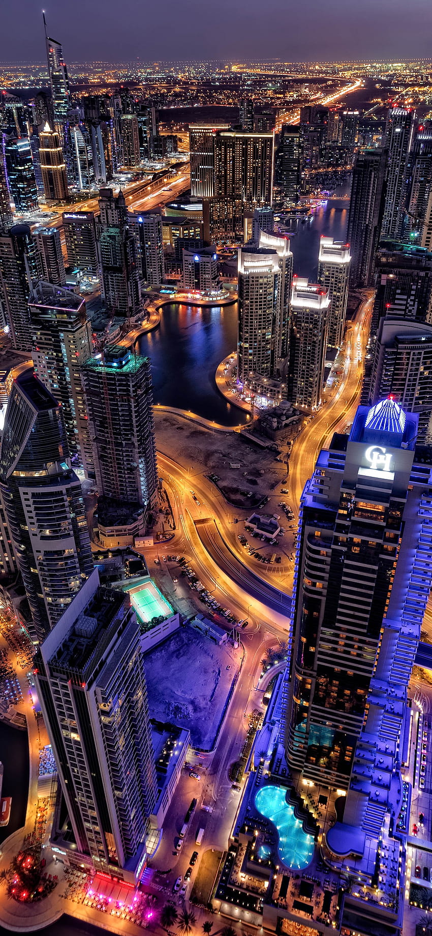 Dubai, paesaggio urbano, skyline, veduta aerea, grattacieli, mondo, iphone 13 night city Sfondo del telefono HD