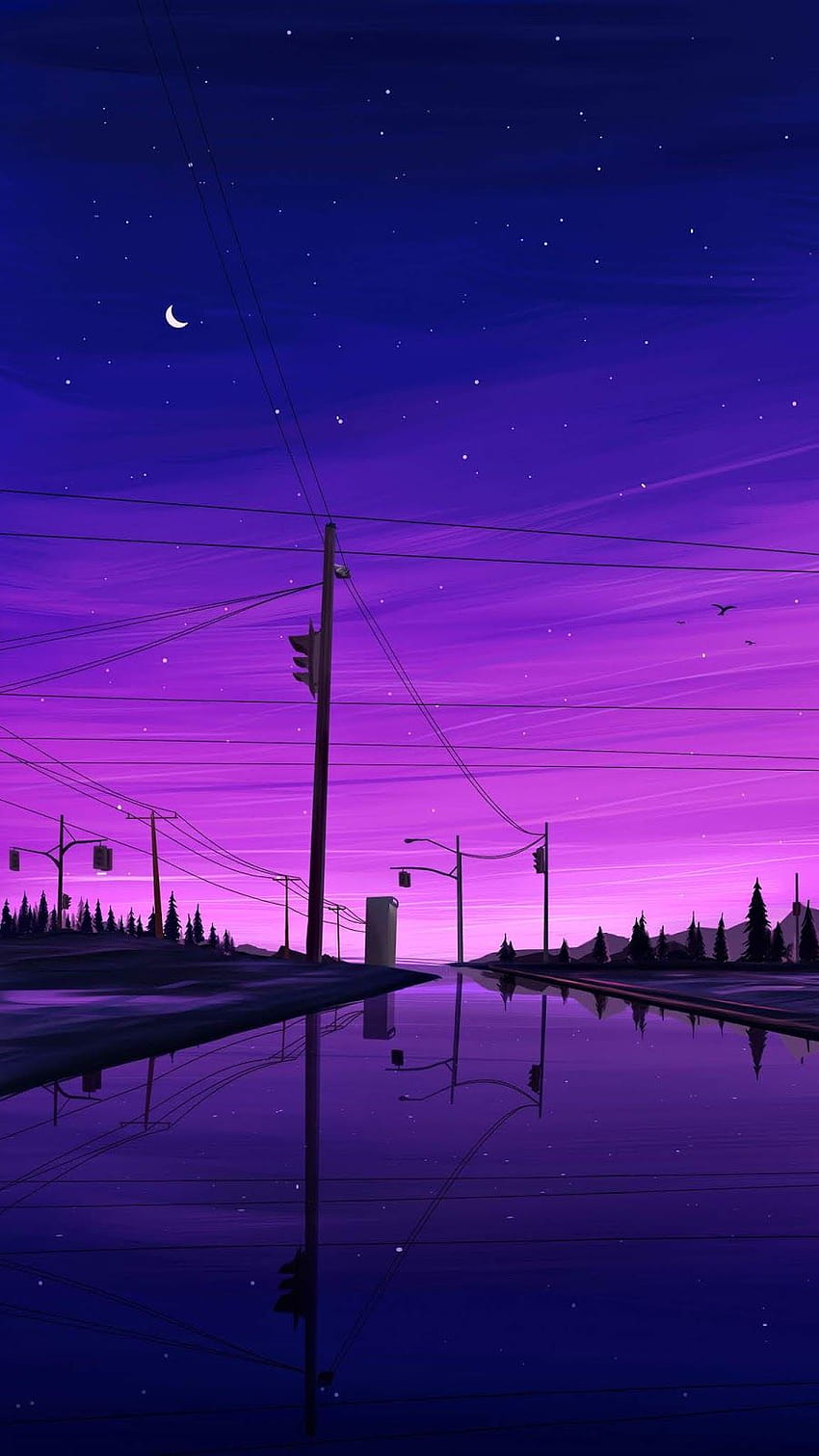 Полумесец на нощното небе, лилаво естетично нощно небе HD тапет за телефон