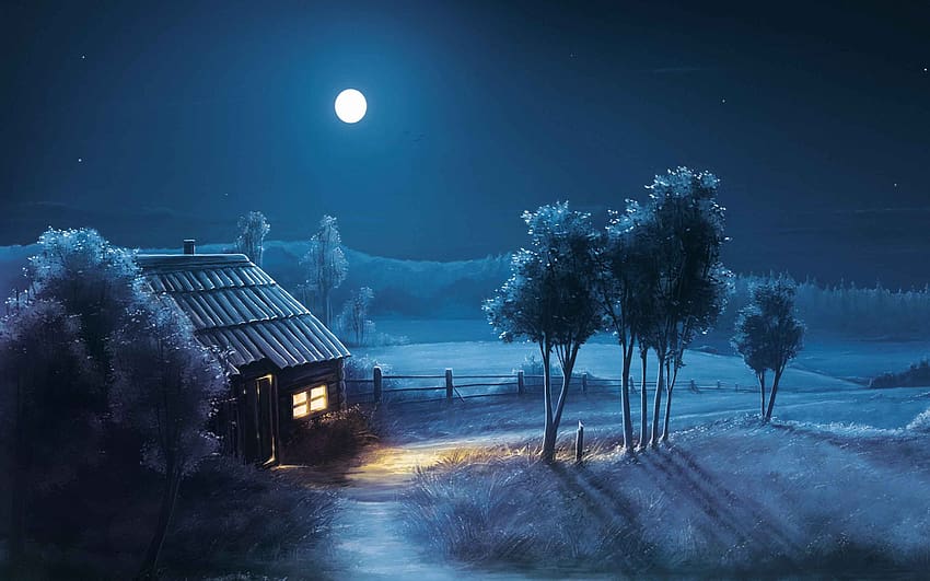 нощ, къща, селски, луна, дърво HD тапет