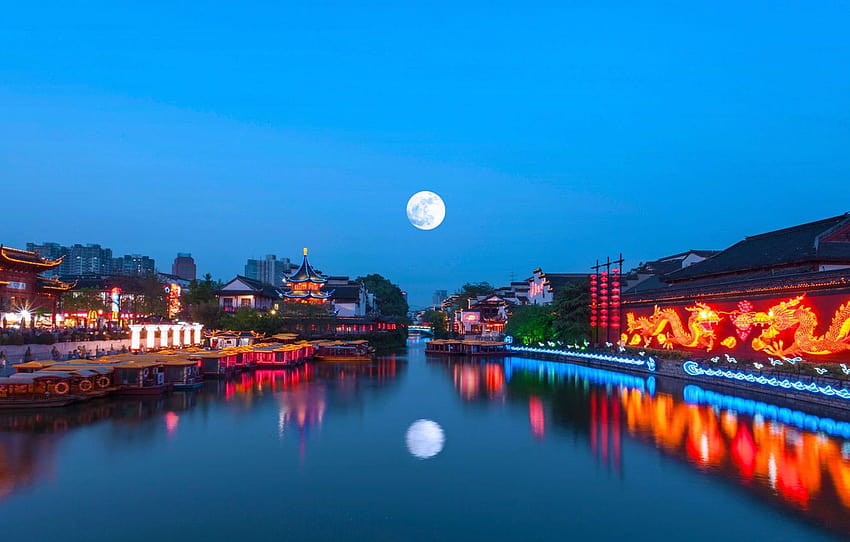 ไฟ ดวงจันทร์ จีน หนานจิง แม่น้ำ Qinhuai พระจันทร์กลางฤดูใบไม้ร่วง วอลล์เปเปอร์ HD