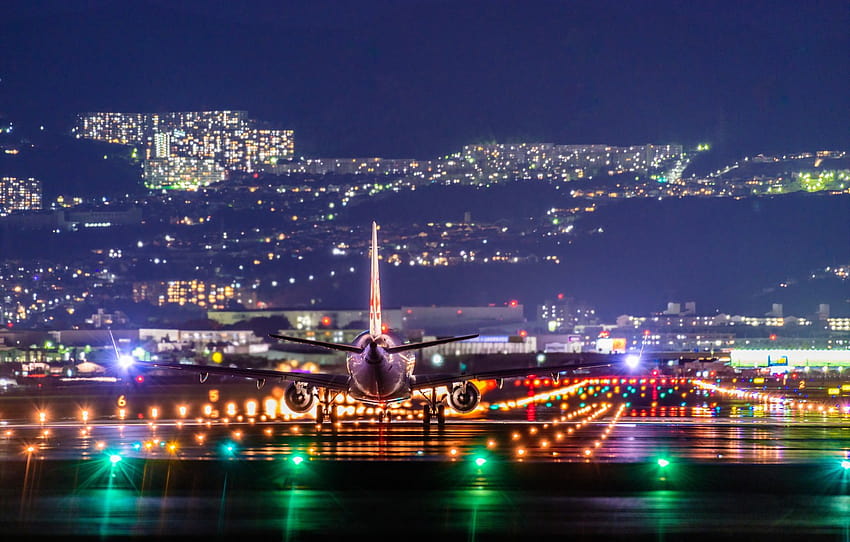 Pesawat, Pemandangan Malam, Bandara Itami , bagian авиация, pesawat di bandara Wallpaper HD