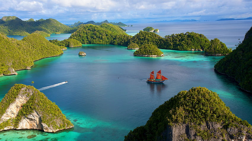 Danau Toba, , Индонезия, ветроходен кораб, скали, море, океан, езеро, вода, море, облаци, природа, Nature HD тапет
