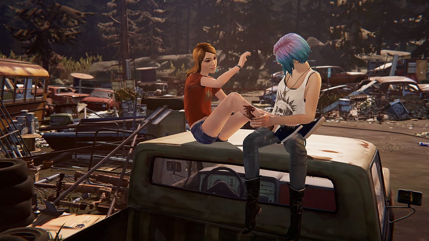: Life is Strange Before the Storm, Chloe Price, Rachel Amber, skinny jeans, necklace, jean shorts, high heeled boots, blue hair, pink hair, tank top, black bras, Truck, inked girls, tattoo HD wallpaper