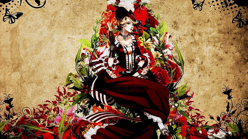 dress, flowers, patterns, steampunk, artwork, anime, hats, artwork girl and flowers HD wallpaper