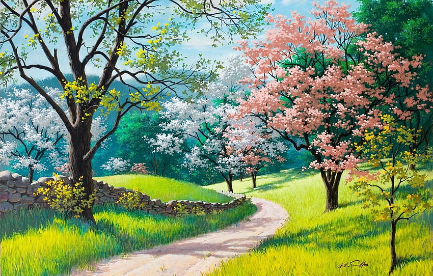 road, green grass, spring, painting, Arthur Saron Sarnoff, spring blossom painted HD wallpaper