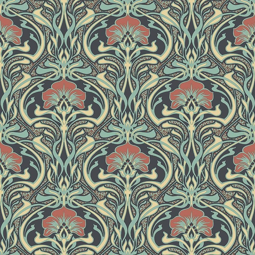 Flora Nouveau Peacock Green Retro Floral by Crown M1196, teal and orange HD phone wallpaper