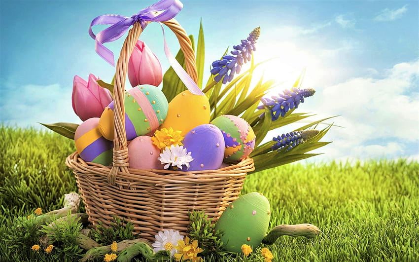 Великденски яйца и лилави мускари, лилави великденски яйца HD тапет