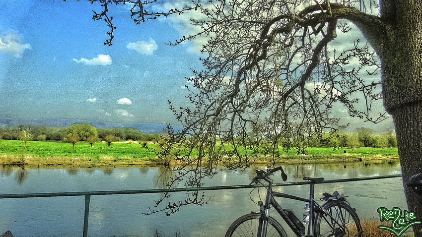: landscape, lake, bicycle, reflection, sky, field, branch, green, blue, river, pond, happy, spring, canal, Bank, swamp, nature reserve, wetland, cloud, tree, leaf, plant, watercourse, vegetation, fahrrad, baum, fluss, bayou, weser, happy spring 1920x1080 HD wallpaper