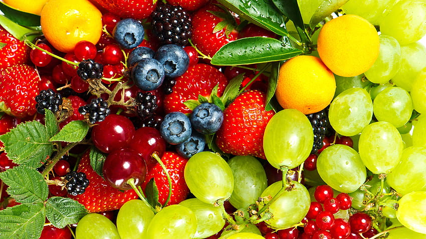 Delicious fruits, grapes, gooseberries, strawberries HD wallpaper