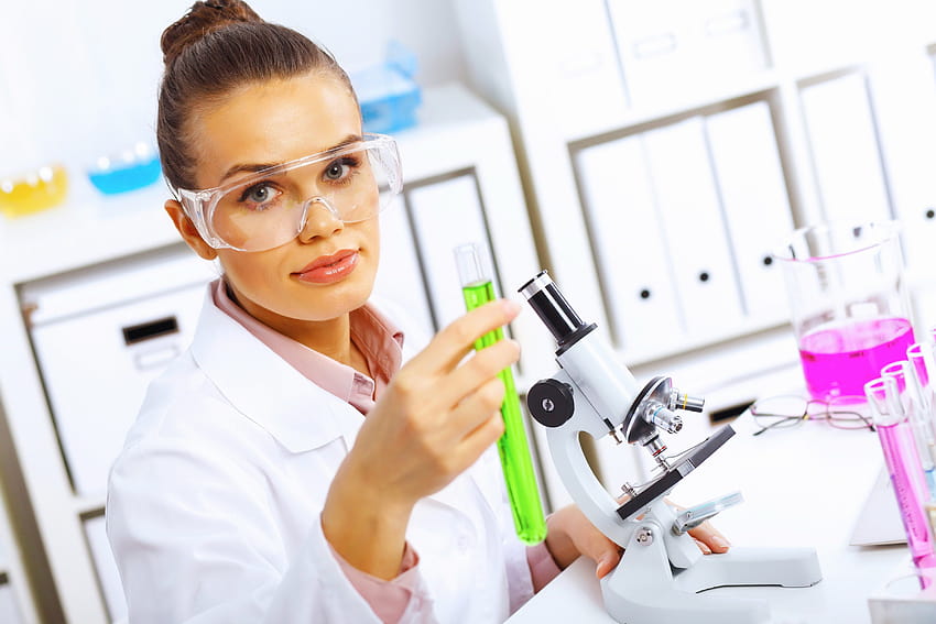 : glasses, Person, chemistry, test tube, Chemist, girl, profession, researcher, laboratory, research, microscope 3700x2467, female scientist HD wallpaper