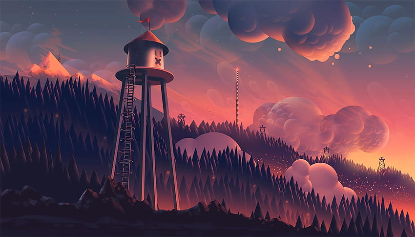 Aaron Campbell, Arte digital, Árboles, Nubes, Bosque, Arte de fantasía, paisaje marino de la torre de vigilancia al atardecer fondo de pantalla