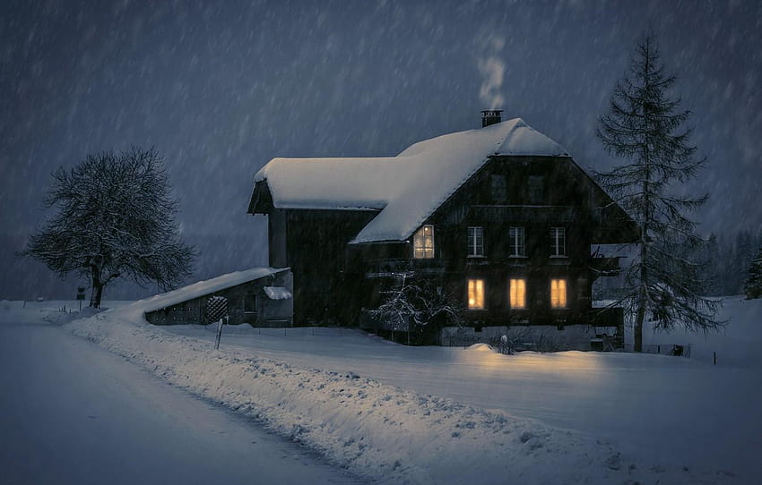 zima, śnieg, noc, dom, romantyczna zima, zimowy wieczór Tapeta HD
