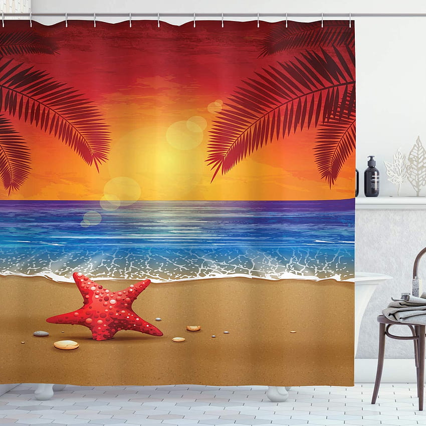 Ambesonne Tropical Shower Curtain, Sunset Cartoon Illustration Beach Summer Starfish Palm Tree Ocean Fantasy Art, Cloth Fabric Bathroom Decor Set with Hooks, 69 HD phone wallpaper