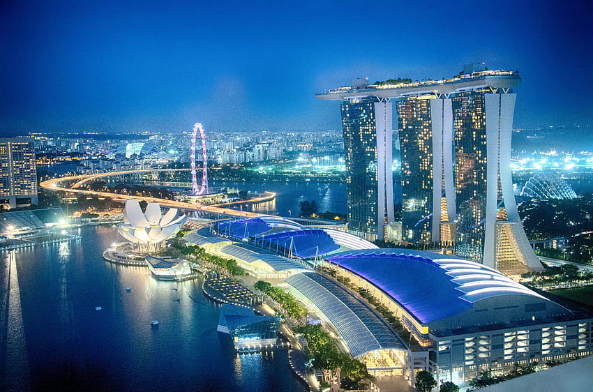 Marina Bay Sands, Singapur w porze nocnej, marina one architektura Singapur Tapeta HD