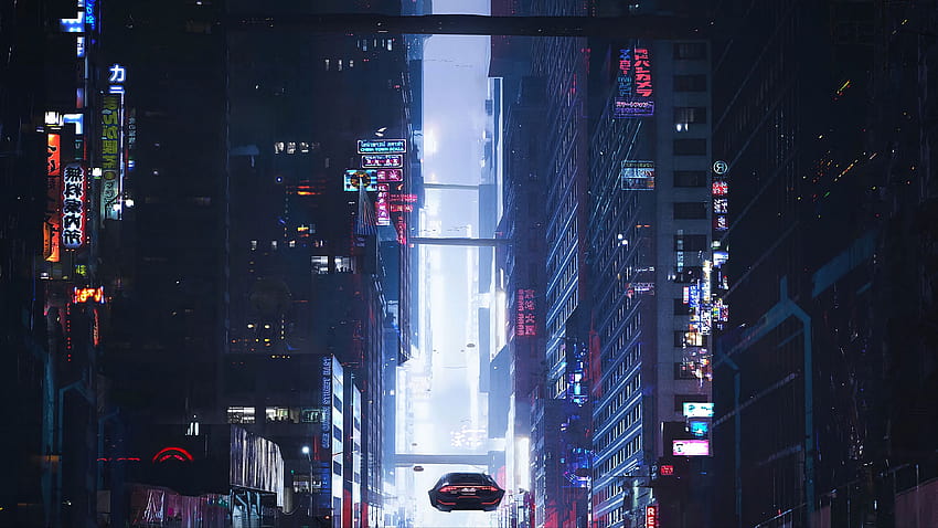 : Cyberpunk, fliegendes Auto, Stadt, Blau, Neon, Science-Fiction, Retro-Science-Fiction 3840x2160, Retro-Stadt HD-Hintergrundbild