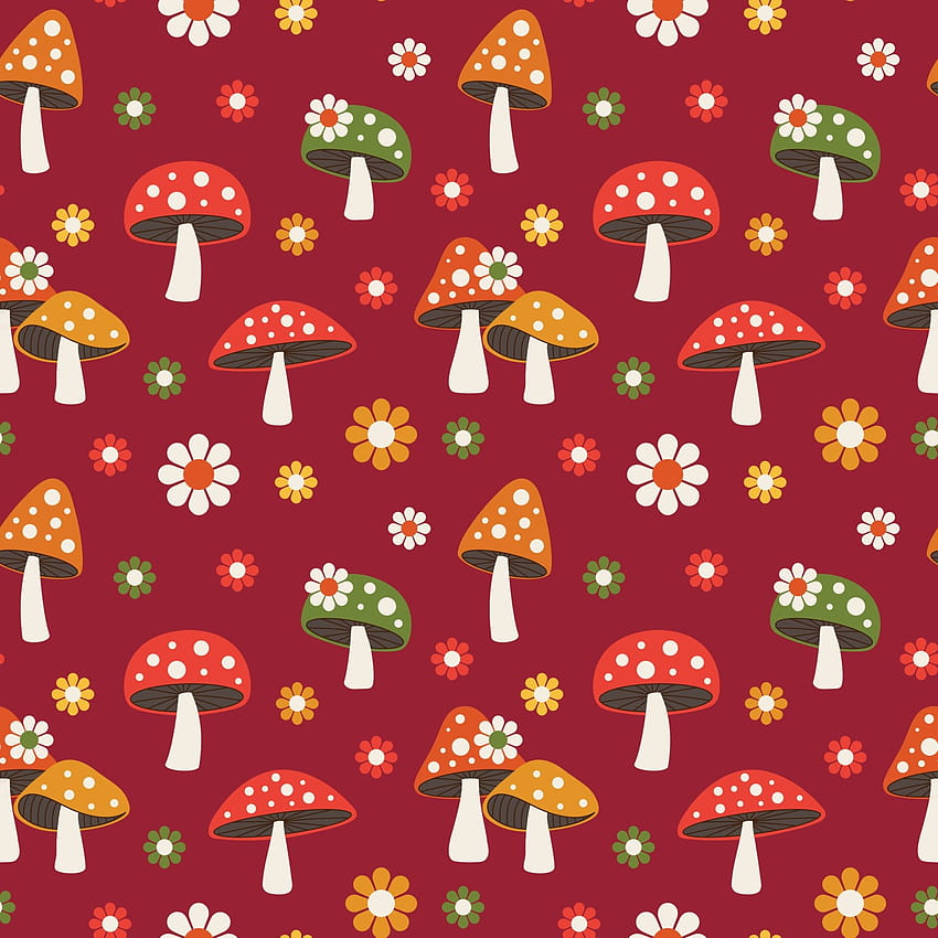 woodland mushroom and daisy seamless pattern on red backgrounds 2291424 Vector Art at Vecteezy, kawaii mushroom HD phone wallpaper