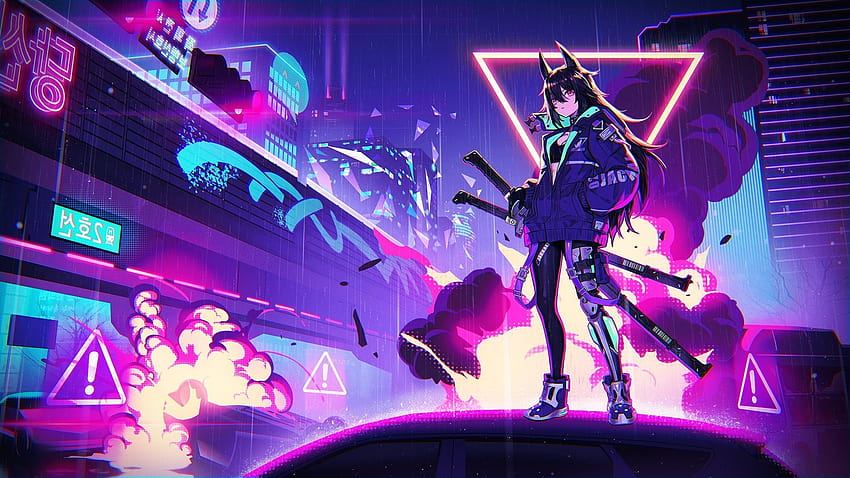 Cyberpunk Anime Girl Neo Seoul Swords Neon Raining [1920x1080] for your , Mobile & Tablet, anime neon HD wallpaper