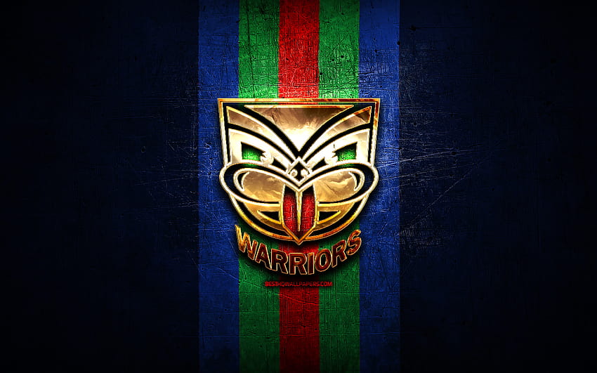 New Zealand Warriors, златно лого, Национална ръгби лига, син метален фон, австралийски ръгби клуб, лого на New Zealand Warriors, ръгби, NRL с резолюция 2880x1800. Високо качество HD тапет