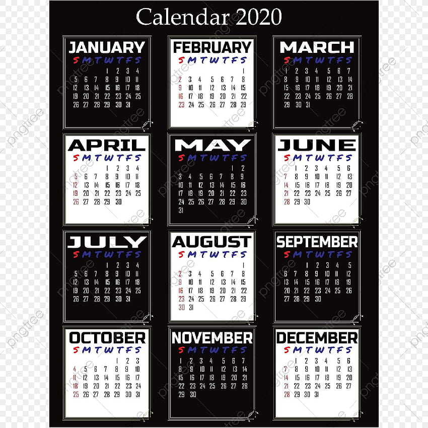 Calendar 2020 Black White Style, Date, Calendar 2020, Calender 2020 PNG ...