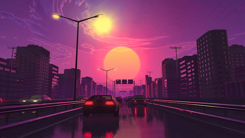 digital, arte digital, obra de arte, cidade, luzes, rua, carro, veículo, Anime city sunset papel de parede HD