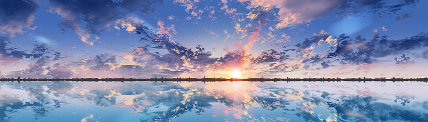 Anime Scenic, Clouds, Sunset, Reflection, Dual Monitor, scenery sunset anime HD wallpaper