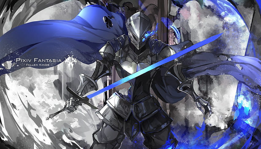 : anime, knight, blue, sword, original characters, cape, Pixiv Fantasia Fallen Kings, screenshot, mecha 2000x1143, blue cape HD wallpaper