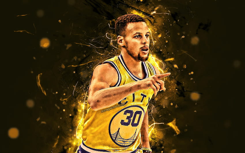 Steph Curry, yellow uniform, Golden State Warriors, basketball stars, NBA, Stephen Curry, basketball, neon lights, creative with resolution 2880x1800. High Quality, stephen curry computer 2022 HD wallpaper
