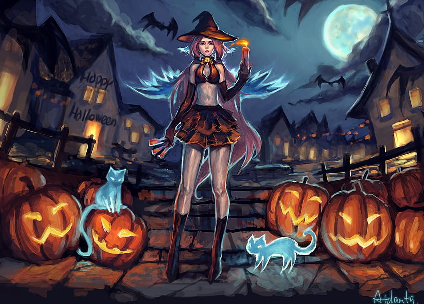 Anime female Pumpkin Halloween Holidays Painting Art, anime halloween ...