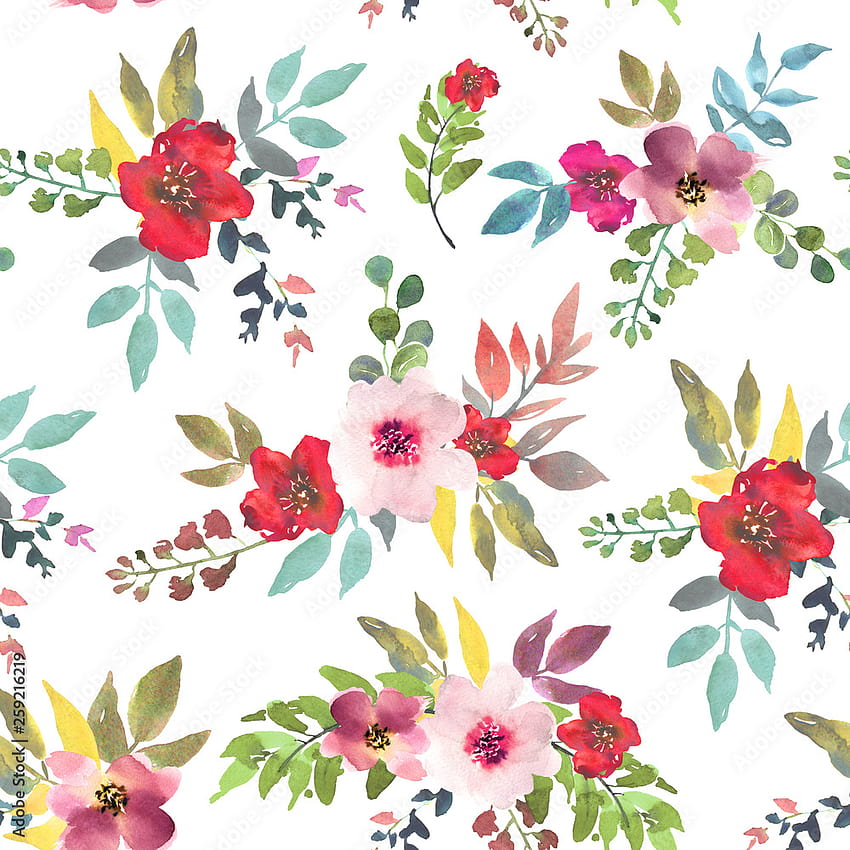 Watercolor floral seamless pattern for , prints design. Flower background. Summer textile texture. Ornament illustration. Decorative flowers on white backdrop. Stock Illustration HD phone wallpaper